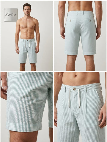 Men’s mint green striped chino shorts with drawstring waist