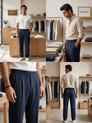 Men’s Pin-tuck Drawstring Trousers – Dark Navy Blue | AWRA