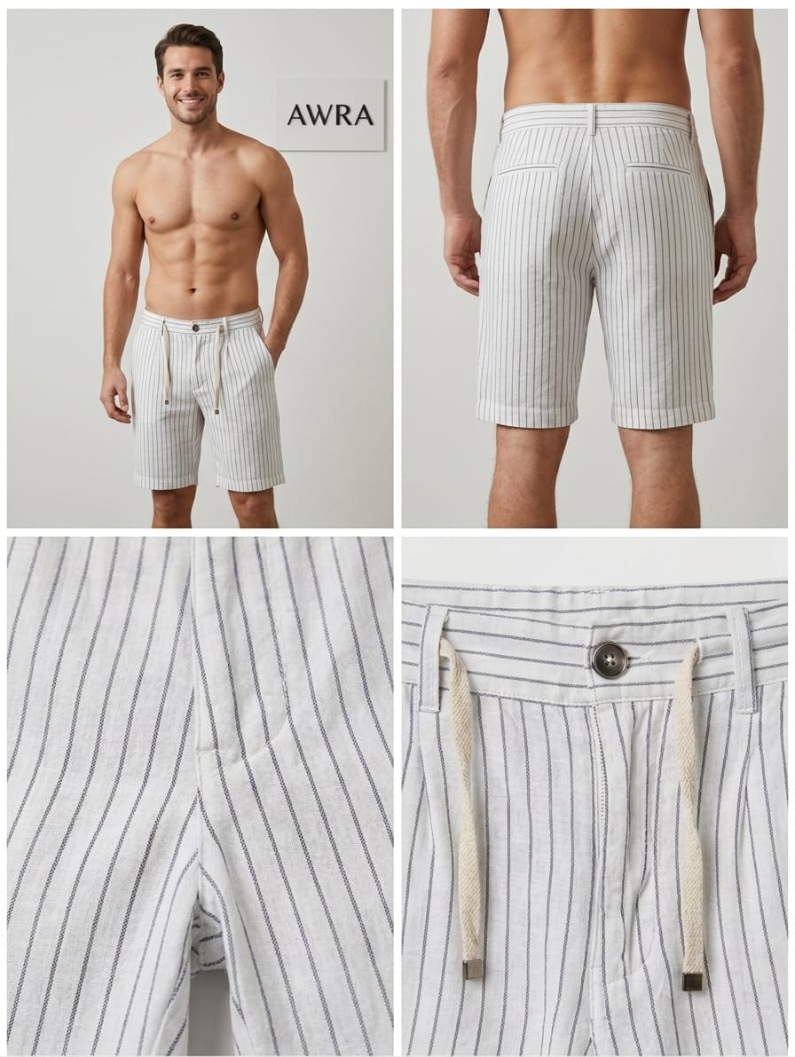 Men’s Premium Striped Casual Shorts – White & Grey | AWRA