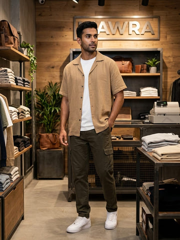Men’s Cuban Collar Short Sleeve Linen Shirt – Beige | AWRA