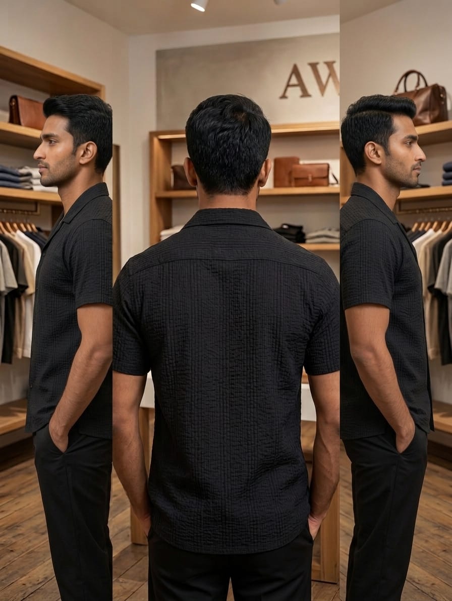 All-Black Resort Collar Waffle-Grid Shirt | AWRA