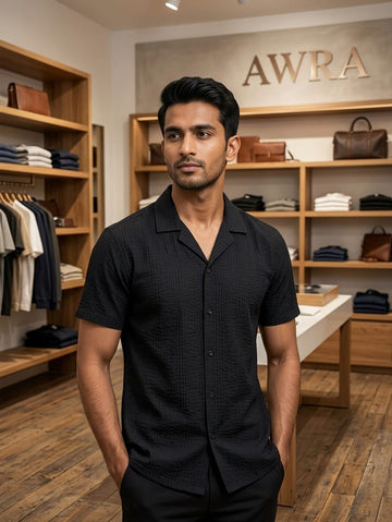 All-Black Resort Collar Waffle-Grid Shirt | AWRA