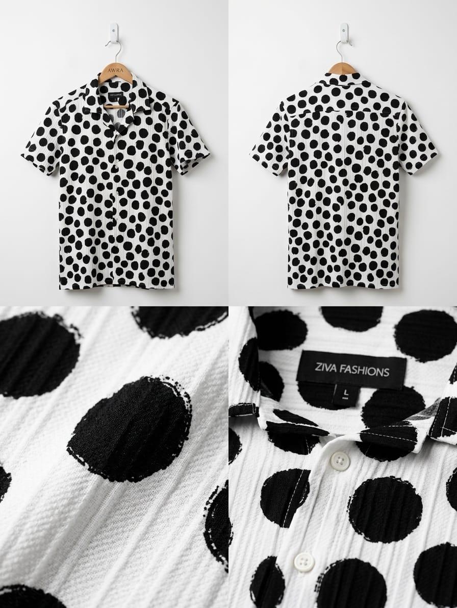 Men’s Black & White Polka Dot Cuban Collar Shirt | AWRA