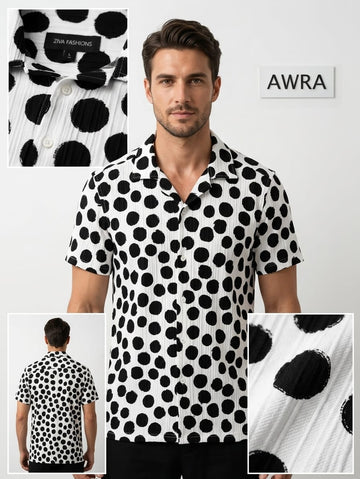 Men’s Black & White Polka Dot Cuban Collar Shirt | AWRA