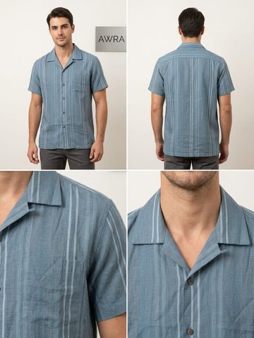Men’s Vertical Stripe Linen Resort Shirt – Slate Blue | AWRA