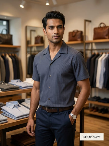 Navy Blue Fine Stripe Cuban Shirt | AWRA