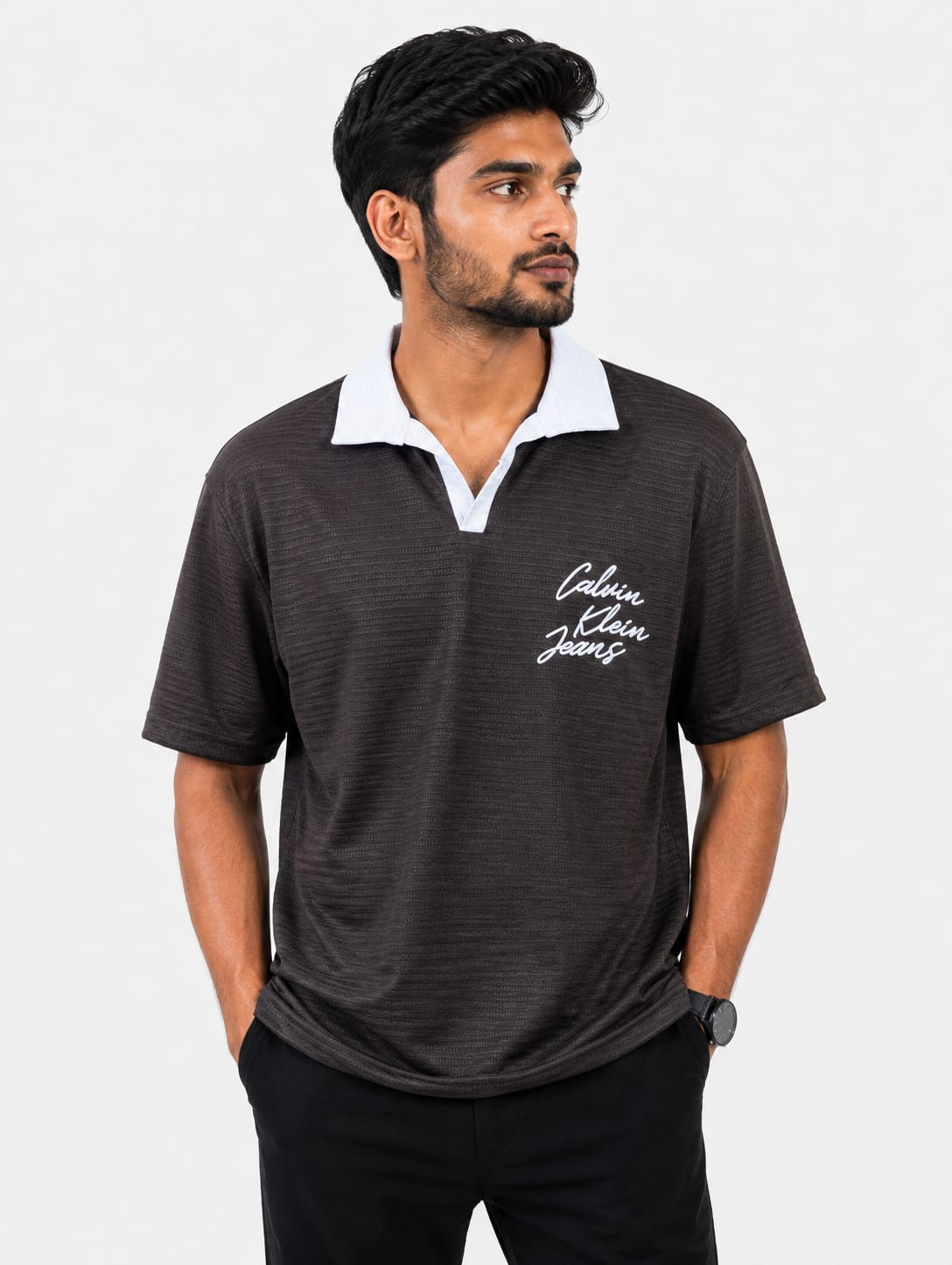 Men's brown drop shoulder textured polo shirt with contrast collar