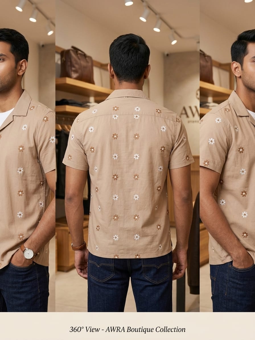 Men’s Floral Embroidered Cuban Collar Shirt – Tan Beige | AWRA