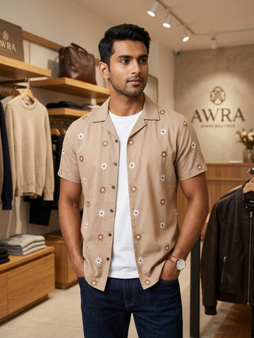 Men’s Floral Embroidered Cuban Collar Shirt – Tan Beige | AWRA