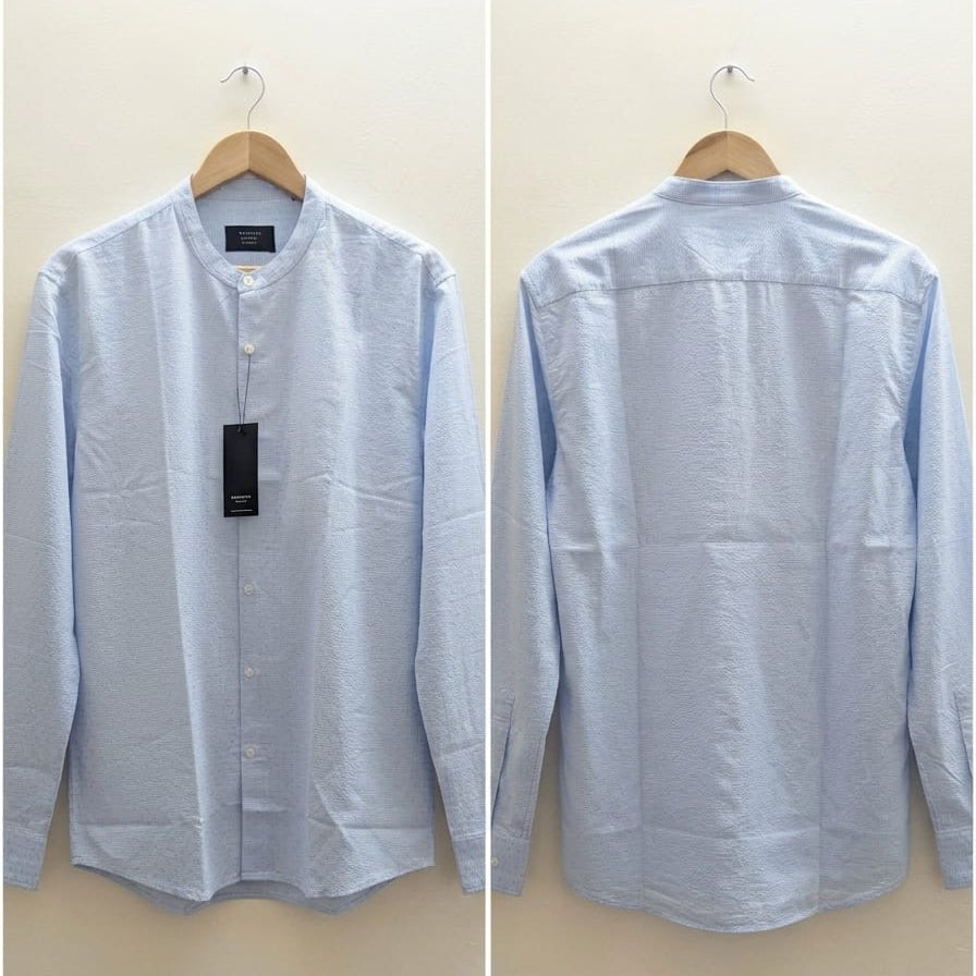 AWRA Sky Blue Seersucker Shirt with Textured Band Collar for Men