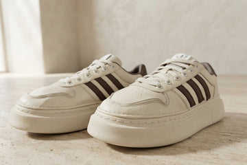 Off-White Platform Sneaker with Brown Stripes | AWRA