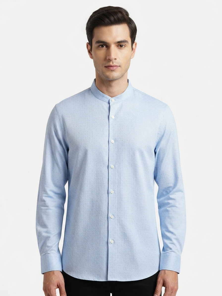 Men’s sherwani collar shirt in light blue with geometric jacquard – AWRA   