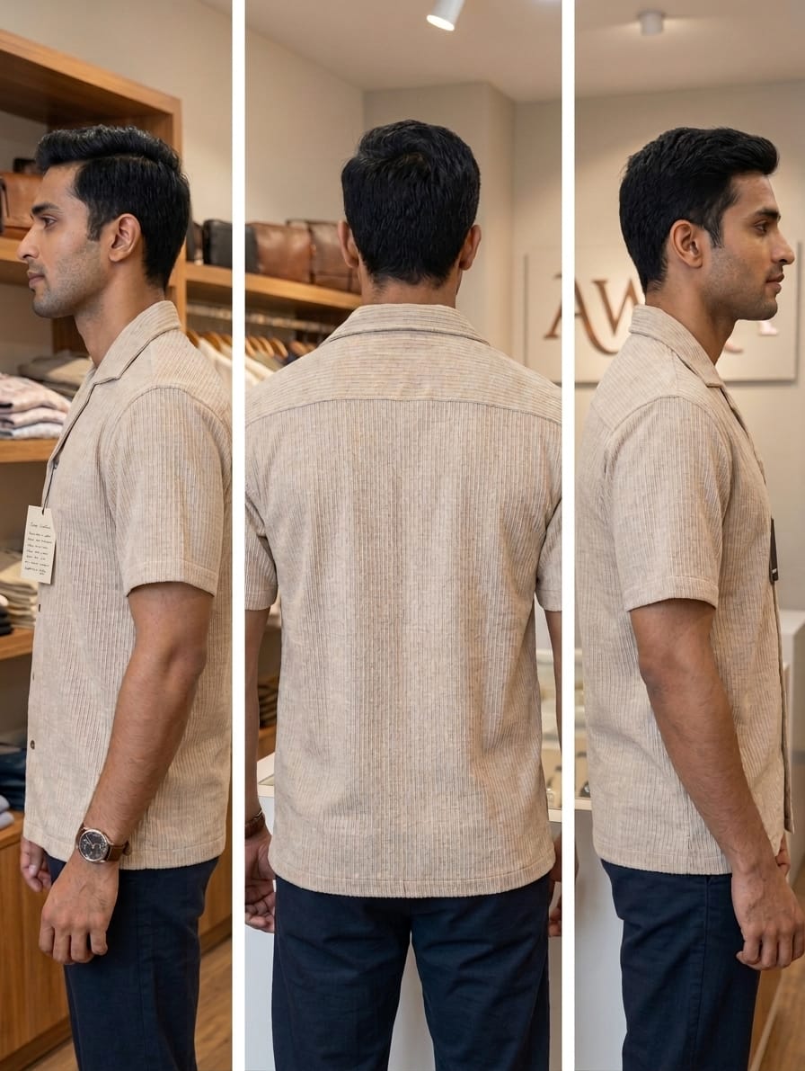 Men’s Natural Beige Waffle-Textured Camp Collar Shirt | AWRA