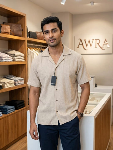 Men’s Natural Beige Waffle-Textured Camp Collar Shirt | AWRA