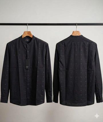 Premium Black Grandad Collar Shirt with Square Pattern