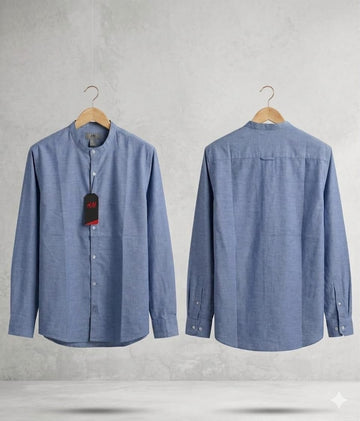 H&M Premium Textured Blue Grandad Collar Shirt for Men
