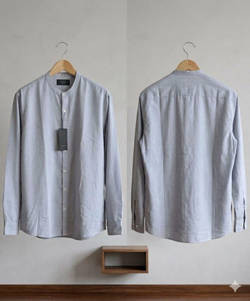 Men's Ice Blue Textured Cotton-Linen Shirt - Mandarin Collar Long