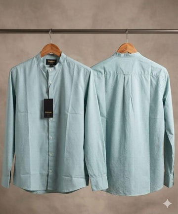 Men's Mint Green Micro-Dot Printed Shirt - Mandarin Collar Long