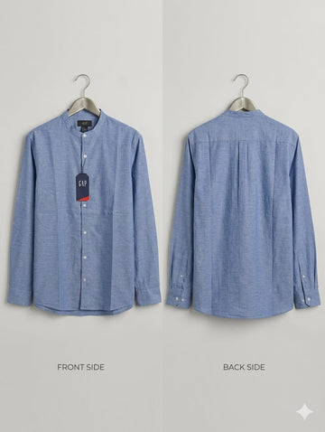 Men's Denim Blue Textured Cotton Shirt - Mandarin Collar Long Sleeve