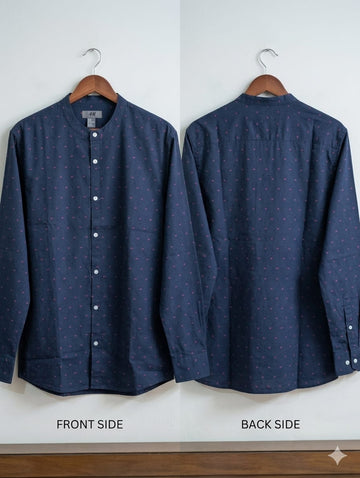 Men’s Dark Navy Casual Shirt with Pink Dotted Print | Long Sleeve