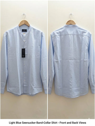 Men’s Sky Blue Textured Seersucker Casual Shirt | Long Sleeve Band