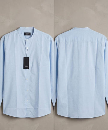Men’s Premium Light Blue Micro-Check Mandarin Collar Shirt