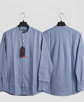 Men's Classic Soft Blue Grandad Collar Casual Shirt - Slim Fit