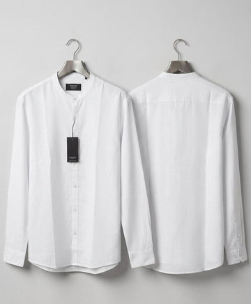 Minimalist White Band Collar Casual Shirt for Men - Slim Fit