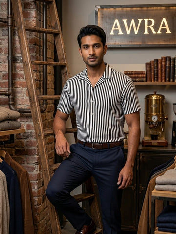 Black & White Vertical Striped Cuban Shirt | AWRA