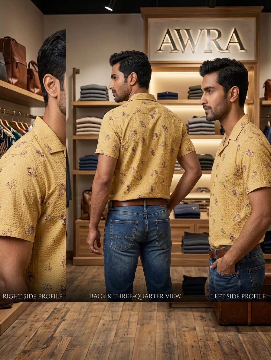 Men’s Yellow Floral Print Textured Short Sleeve Resort Shirt | AWRA