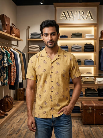 Men’s Yellow Floral Print Textured Short Sleeve Resort Shirt | AWRA