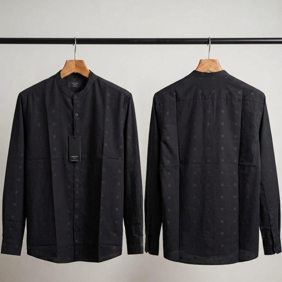 Men's black Grandad collar shirt square pattern front view – AWRA
Men's black Grandad collar shirt square pattern back view – AWRA