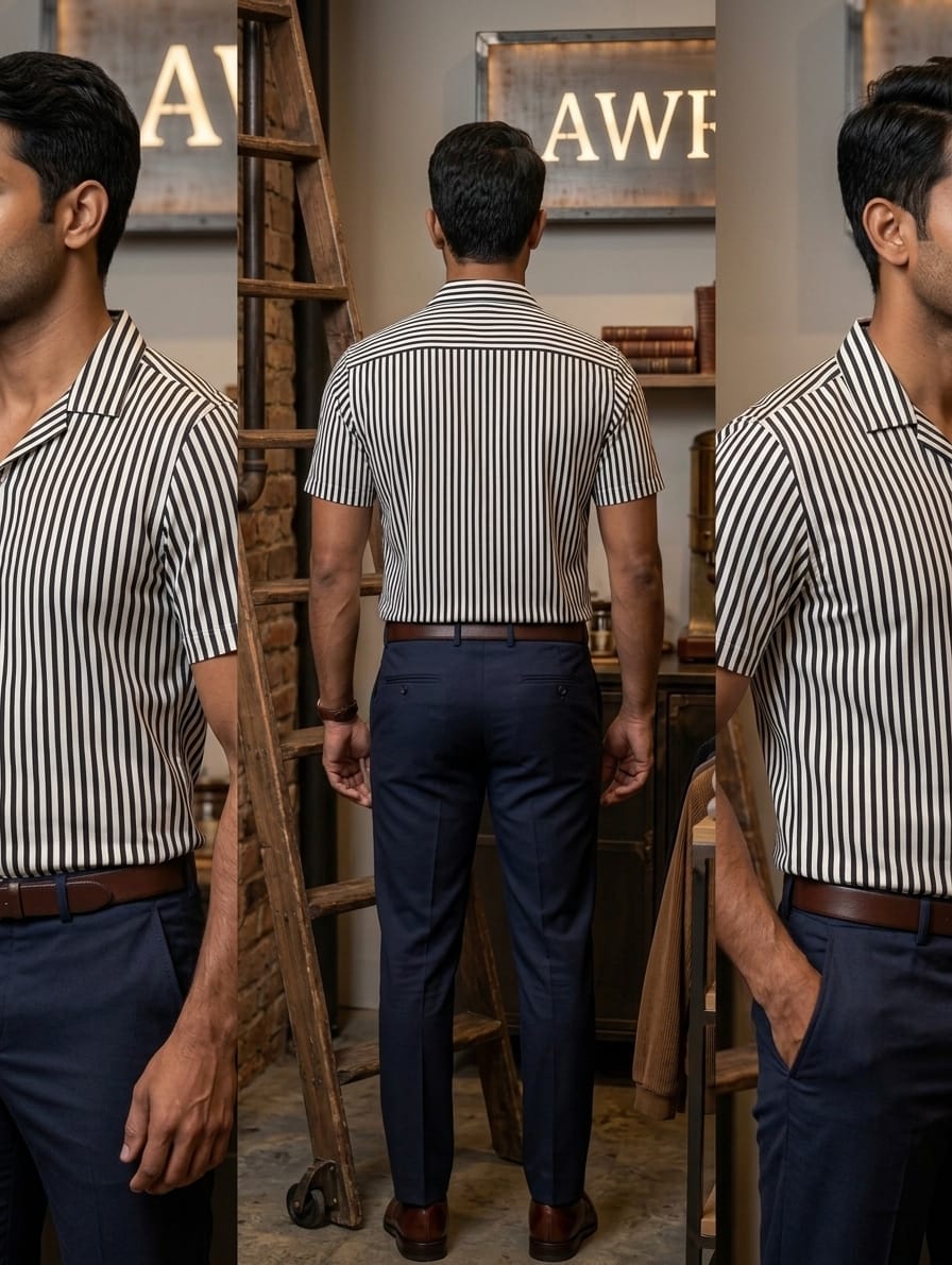 Black & White Vertical Striped Cuban Shirt | AWRA